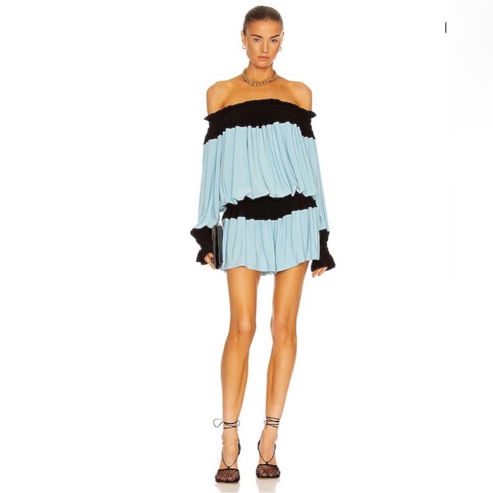 Norma Kamali Spliced Peasant Jumpshort Romper in powder Blue/Black